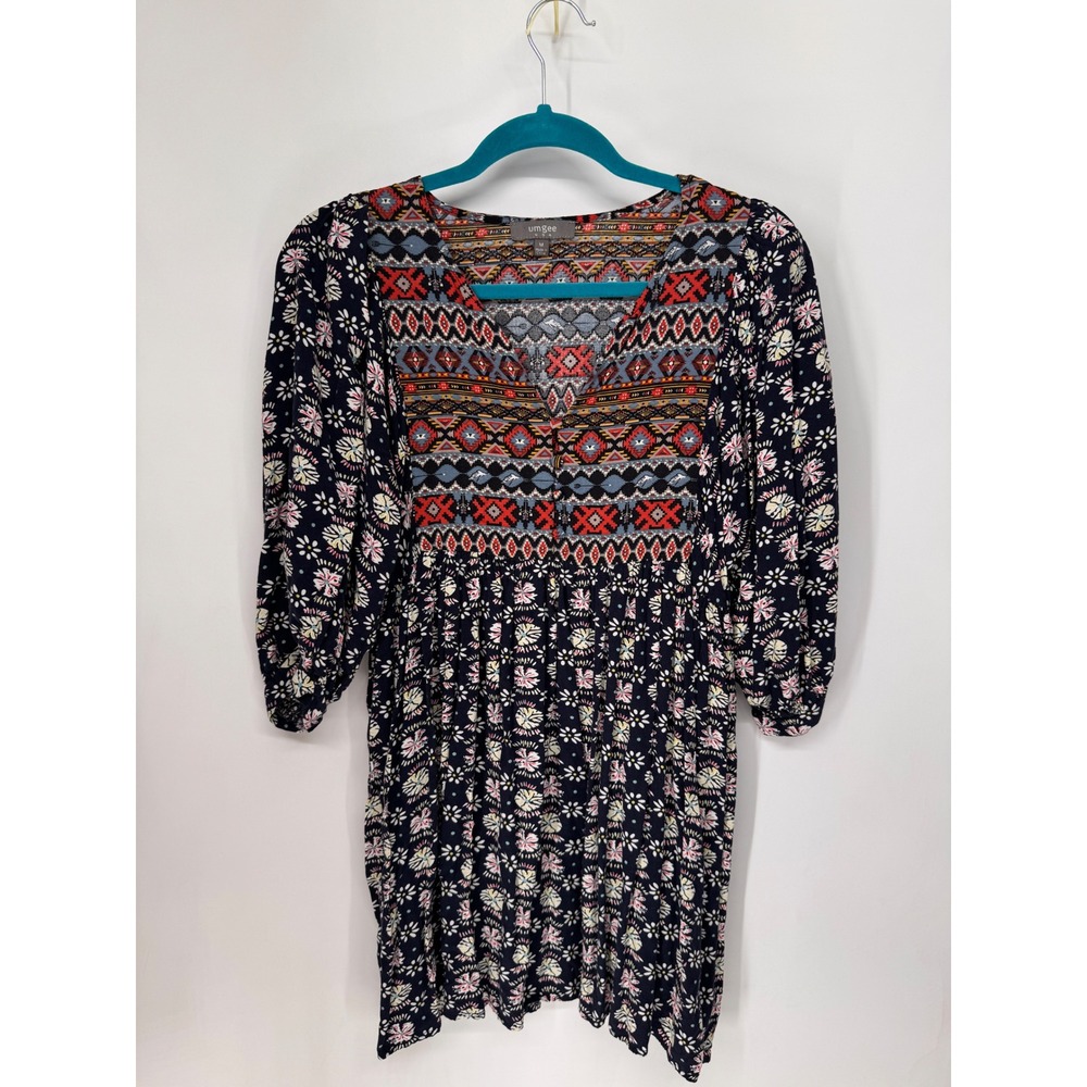 Umgee Tunic Top Womens Medium Navy Blue Mixed Print Boho V-Neck 3/4 Sleeve EUC